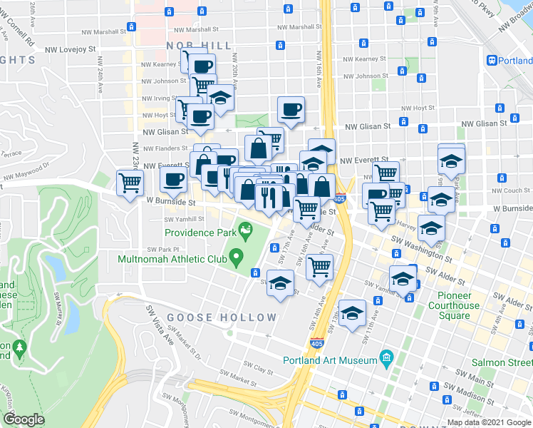 map of restaurants, bars, coffee shops, grocery stores, and more near 1933 West Burnside Street in Portland