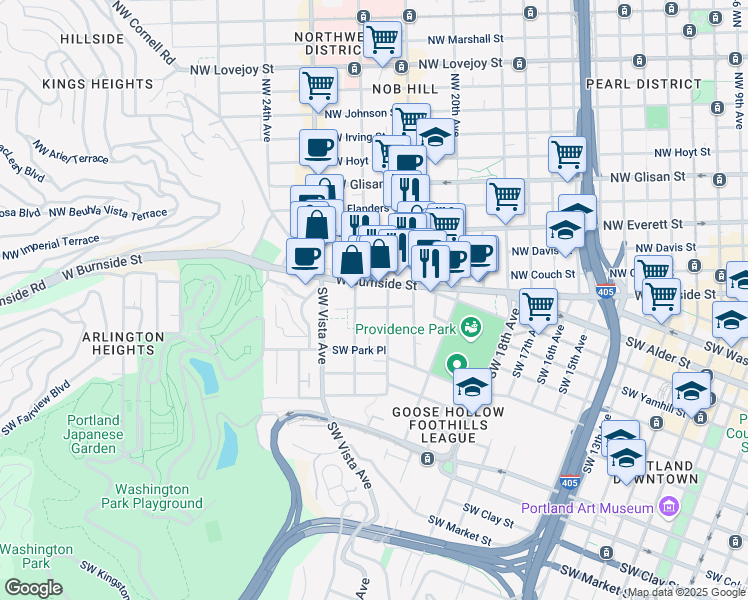 map of restaurants, bars, coffee shops, grocery stores, and more near 2157 West Burnside Street in Portland