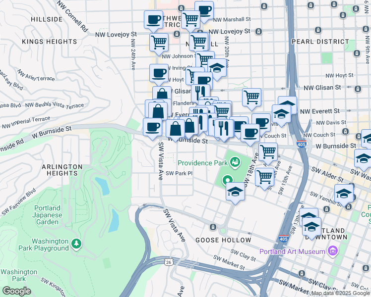 map of restaurants, bars, coffee shops, grocery stores, and more near 2157 West Burnside Street in Portland