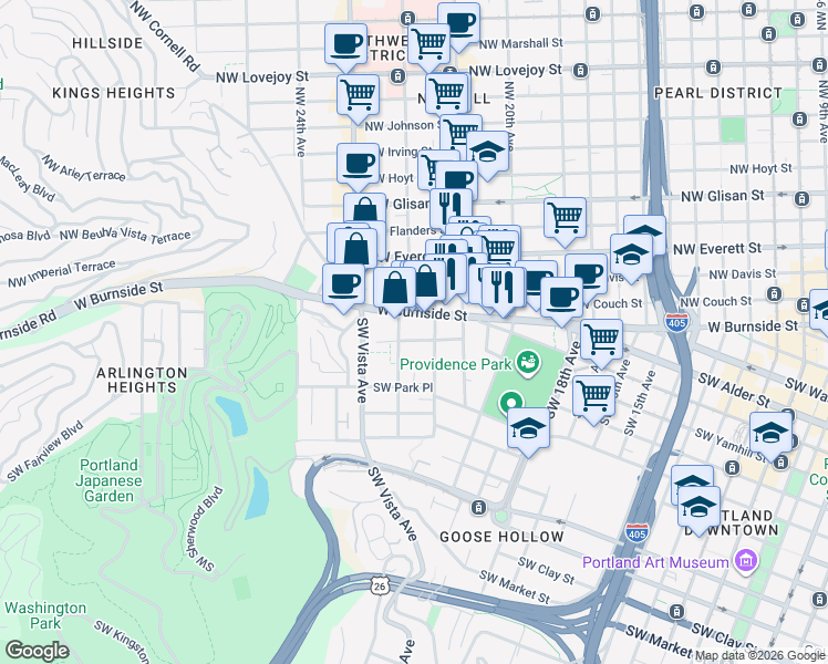 map of restaurants, bars, coffee shops, grocery stores, and more near 2157 West Burnside Street in Portland