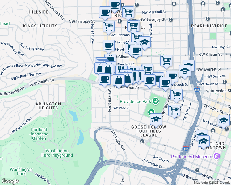 map of restaurants, bars, coffee shops, grocery stores, and more near 2225 West Burnside Street in Portland