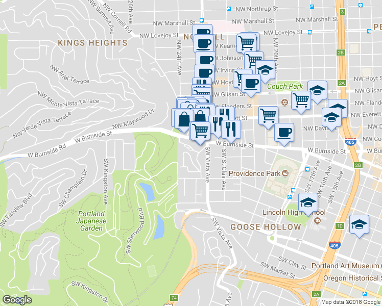 map of restaurants, bars, coffee shops, grocery stores, and more near 2368 West Burnside Street in Portland