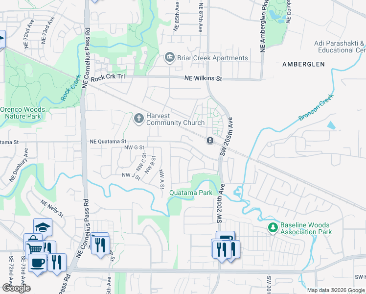 map of restaurants, bars, coffee shops, grocery stores, and more near 20637 Northwest Quatama Road in Hillsboro