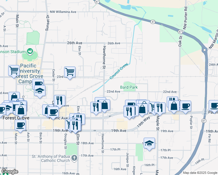 map of restaurants, bars, coffee shops, grocery stores, and more near 2249 Hawthorne Street in Forest Grove