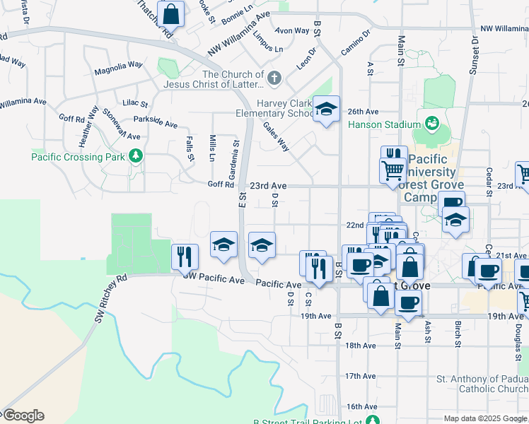 map of restaurants, bars, coffee shops, grocery stores, and more near 2252 D Street in Forest Grove