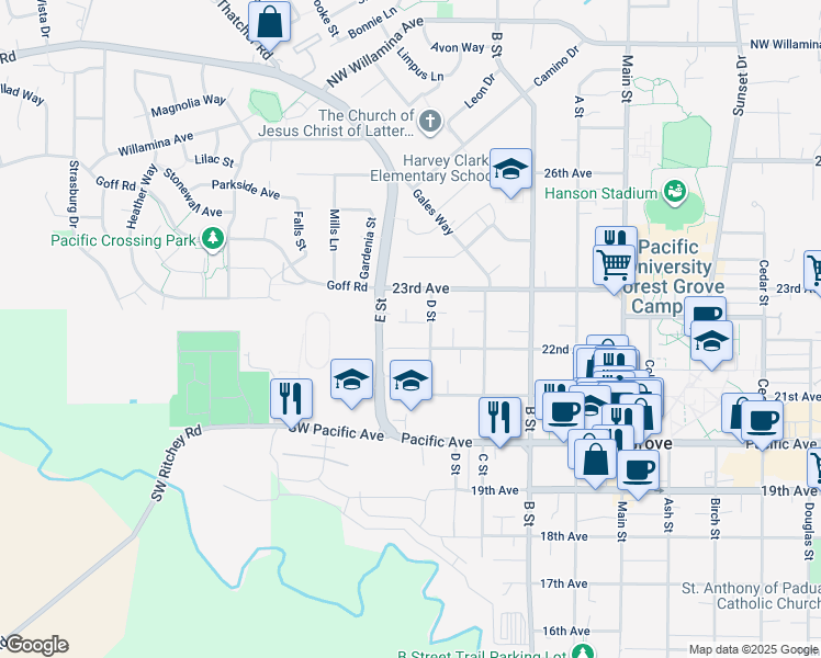 map of restaurants, bars, coffee shops, grocery stores, and more near 2252 D Street in Forest Grove