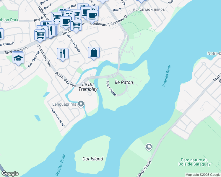 map of restaurants, bars, coffee shops, grocery stores, and more near Promenade Paton in Laval