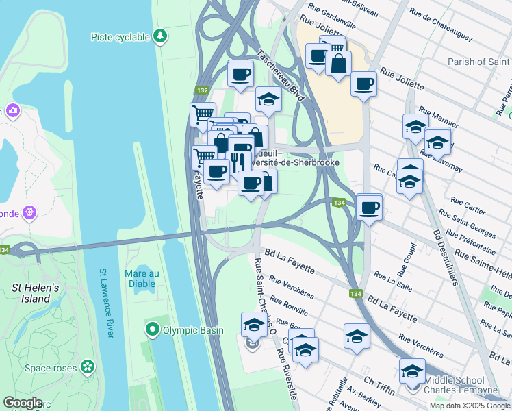 map of restaurants, bars, coffee shops, grocery stores, and more near 1225 Rue Saint-Charles Ouest in Longueuil