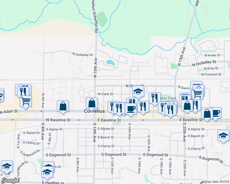 map of restaurants, bars, coffee shops, grocery stores, and more near 1214 North Clark Street in Cornelius