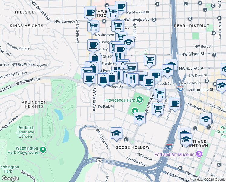 map of restaurants, bars, coffee shops, grocery stores, and more near 731 Southwest King Avenue in Portland