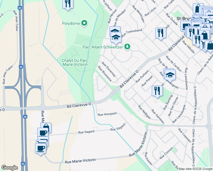 map of restaurants, bars, coffee shops, grocery stores, and more near 341 Rue Deslières in St-Bruno-de-Montarville