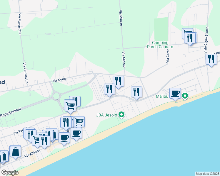 map of restaurants, bars, coffee shops, grocery stores, and more near 19 Via Gattamelata in Lido di Jesolo