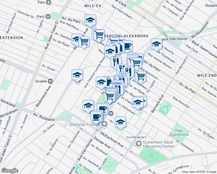 map of restaurants, bars, coffee shops, grocery stores, and more near 1234 Avenue Ducharme in Montréal