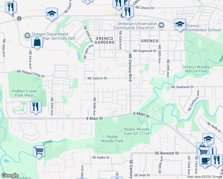 map of restaurants, bars, coffee shops, grocery stores, and more near 239 Northeast 63rd Place in Hillsboro