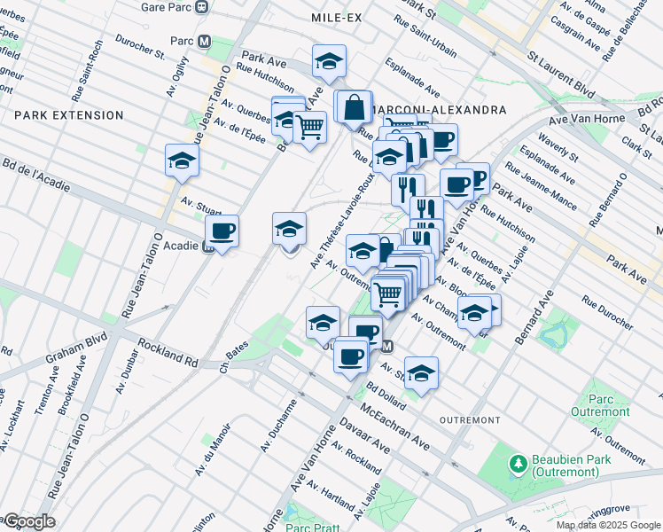 map of restaurants, bars, coffee shops, grocery stores, and more near 715 Boulevard René-Lévesque Ouest in Montréal