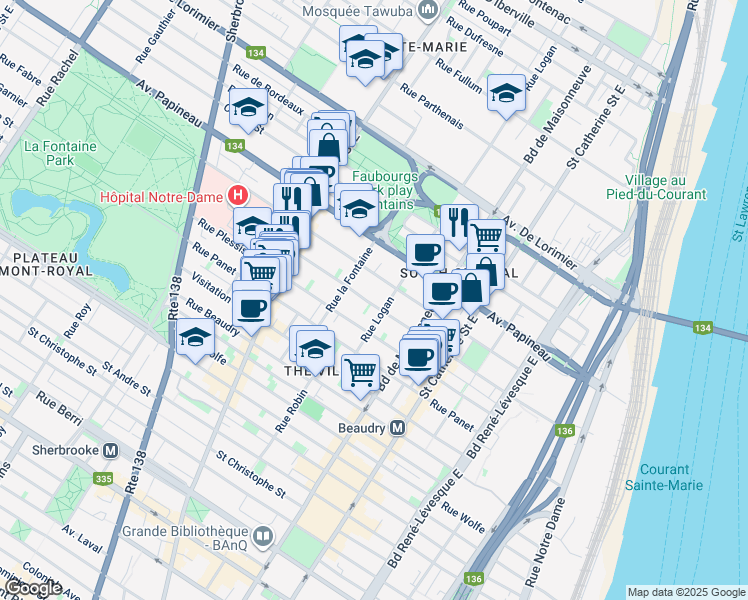 map of restaurants, bars, coffee shops, grocery stores, and more near 1675 Rue Alexandre-DeSève in Montréal