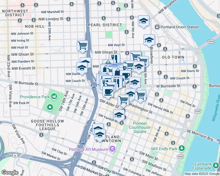 map of restaurants, bars, coffee shops, grocery stores, and more near 1223 Southwest Harvey Milk Street in Portland