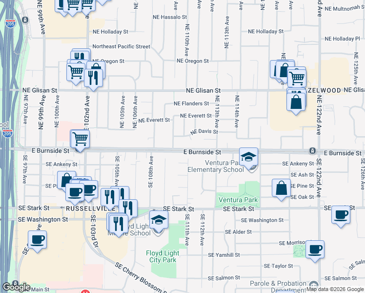 map of restaurants, bars, coffee shops, grocery stores, and more near 10925 Northeast Davis Street in Portland