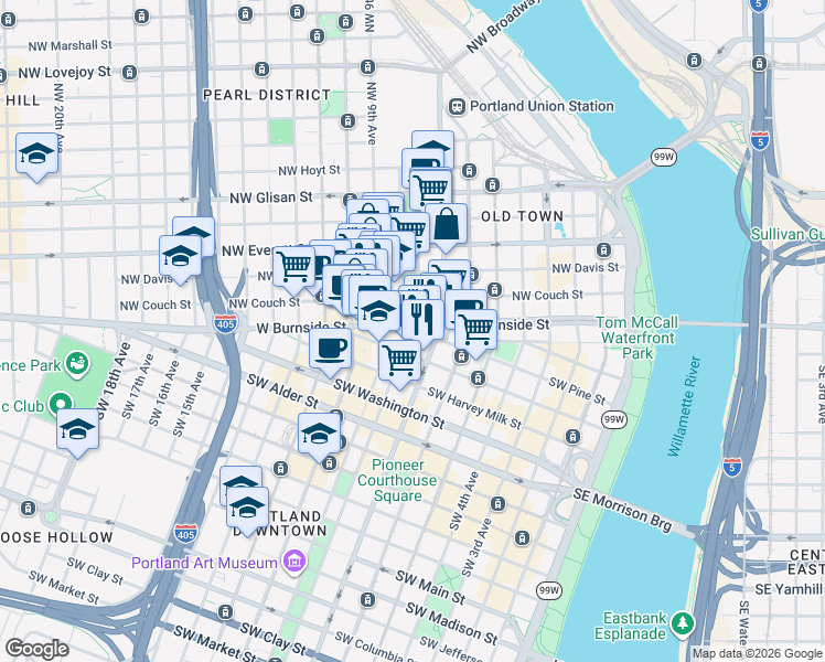 map of restaurants, bars, coffee shops, grocery stores, and more near 770 West Burnside Street in Portland