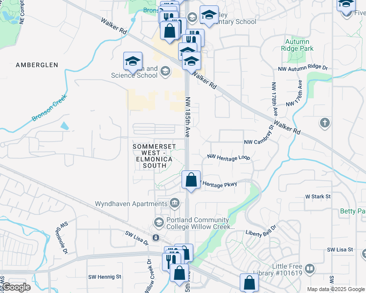 map of restaurants, bars, coffee shops, grocery stores, and more near Northeast Holly Street in Hillsboro