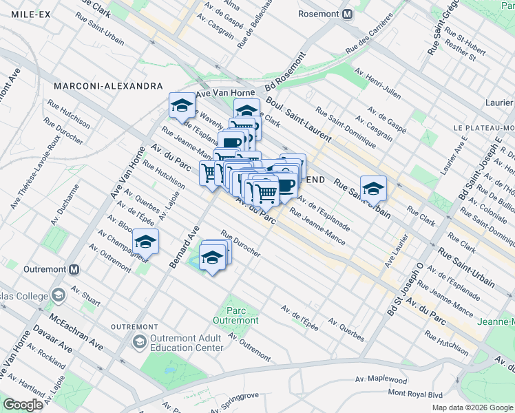 map of restaurants, bars, coffee shops, grocery stores, and more near 5625 Avenue du Parc in Montréal
