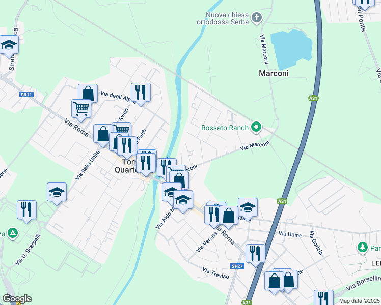 map of restaurants, bars, coffee shops, grocery stores, and more near 41 Via dei Marinai in Torri di Quartesolo