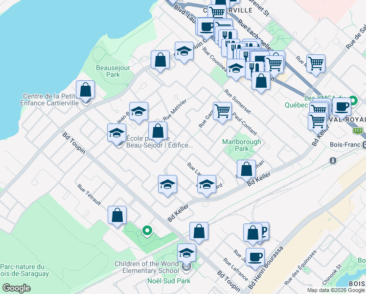 map of restaurants, bars, coffee shops, grocery stores, and more near 2375-2445 Rue Robitaille in Montreal
