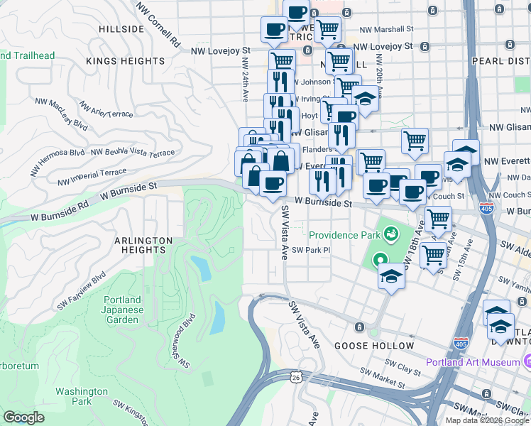 map of restaurants, bars, coffee shops, grocery stores, and more near 2326 Southwest Osage Street in Portland