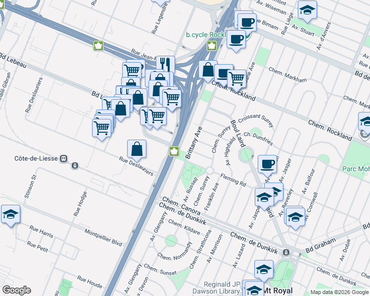 map of restaurants, bars, coffee shops, grocery stores, and more near 93 Avenue Brittany in Mont-Royal