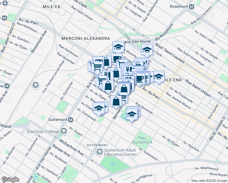 map of restaurants, bars, coffee shops, grocery stores, and more near 5990 Avenue Durocher in Montréal