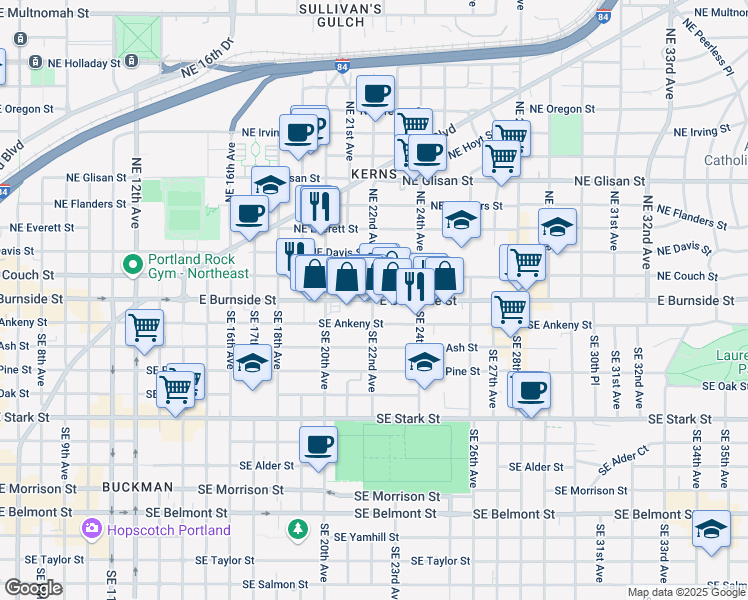 map of restaurants, bars, coffee shops, grocery stores, and more near E Burnside St & NE 22nd Ave in Portland