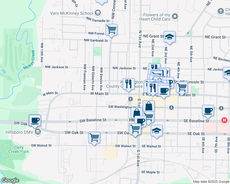 map of restaurants, bars, coffee shops, grocery stores, and more near 333 West Main Street in Hillsboro