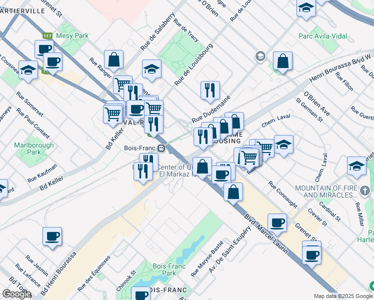 map of restaurants, bars, coffee shops, grocery stores, and more near 4885 Henri Bourassa Boulevard West in Montreal
