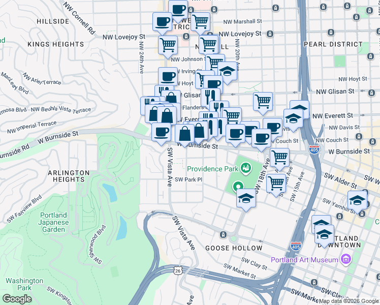 map of restaurants, bars, coffee shops, grocery stores, and more near 730 Southwest Saint Clair Avenue in Portland