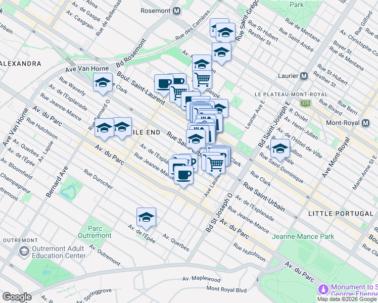 map of restaurants, bars, coffee shops, grocery stores, and more near 5244 Rue Saint-Urbain in Montréal