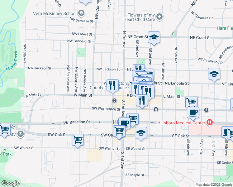 map of restaurants, bars, coffee shops, grocery stores, and more near 155 North 1st Avenue in Hillsboro