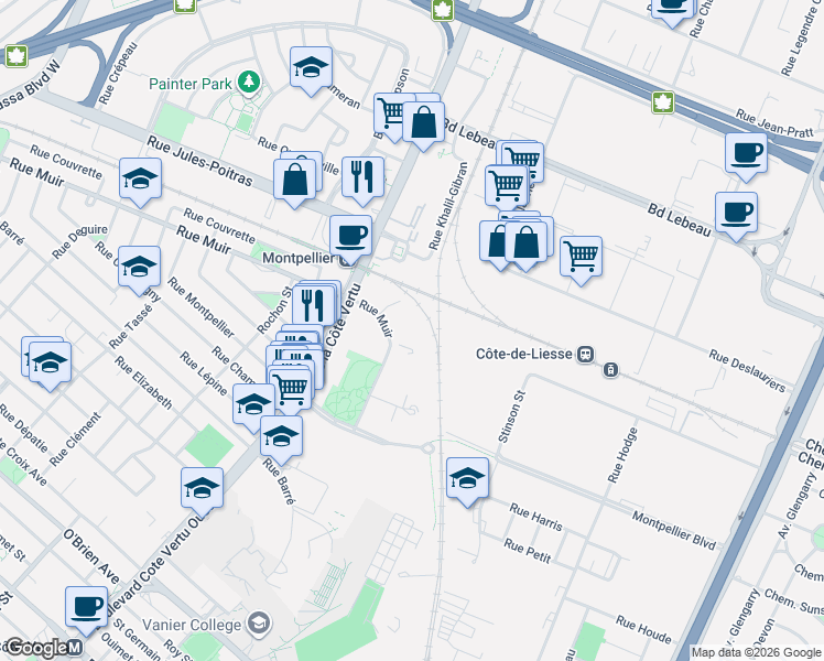 map of restaurants, bars, coffee shops, grocery stores, and more near 815 Rue Muir in Montréal