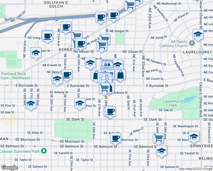 map of restaurants, bars, coffee shops, grocery stores, and more near East Burnside Street & Northeast 28th Avenue in Portland