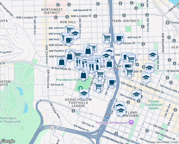 map of restaurants, bars, coffee shops, grocery stores, and more near 1933 West Burnside Street in Portland