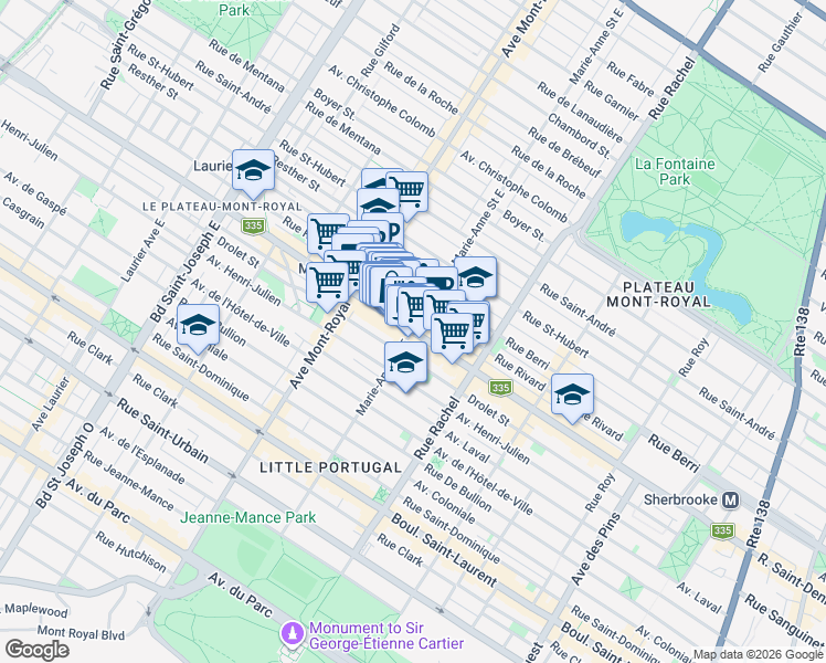 map of restaurants, bars, coffee shops, grocery stores, and more near Rue Saint-Denis in Montréal