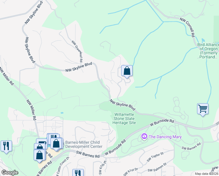 map of restaurants, bars, coffee shops, grocery stores, and more near 6642 Northwest Meridian Ridge Drive in Portland