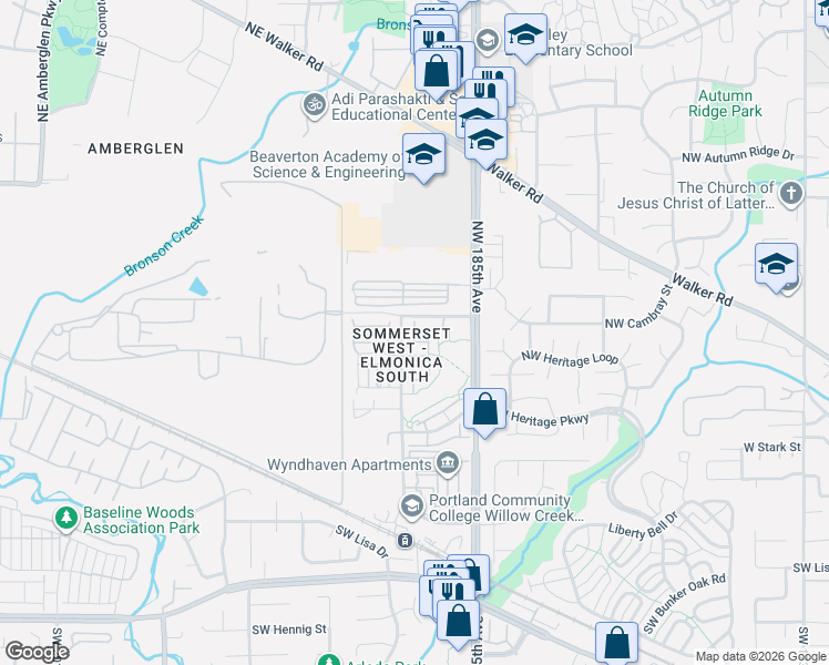 map of restaurants, bars, coffee shops, grocery stores, and more near 485 Northwest 185th Avenue in Hillsboro
