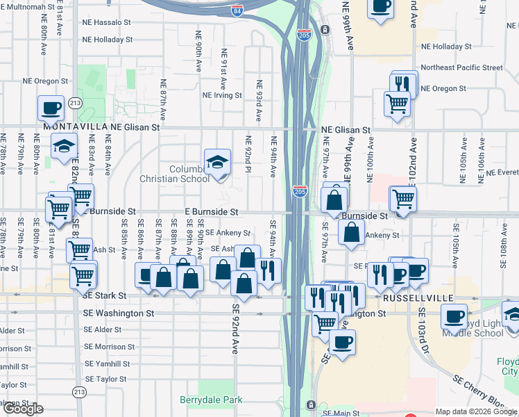 map of restaurants, bars, coffee shops, grocery stores, and more near 9251 East Burnside Street in Portland