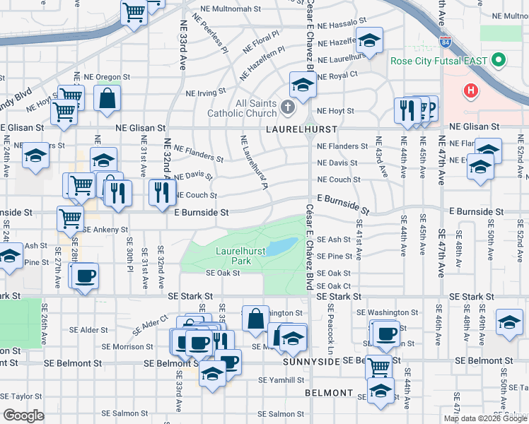 map of restaurants, bars, coffee shops, grocery stores, and more near 3574 East Burnside Street in Portland