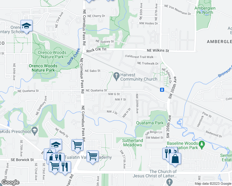 map of restaurants, bars, coffee shops, grocery stores, and more near 8300 Northeast Quatama Street in Hillsboro