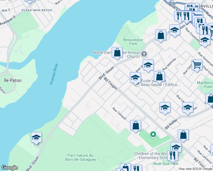 map of restaurants, bars, coffee shops, grocery stores, and more near 7734 Rue de Villebon in Montréal
