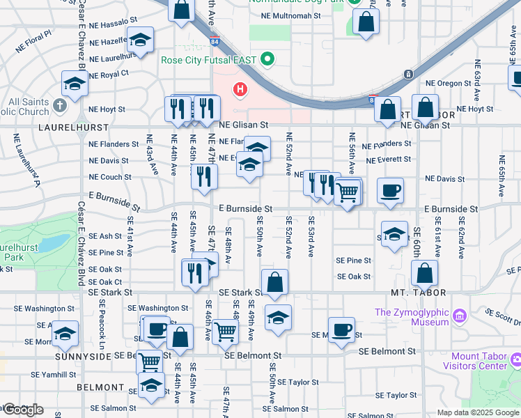 map of restaurants, bars, coffee shops, grocery stores, and more near East Burnside Street & Northeast 50th Avenue in Portland