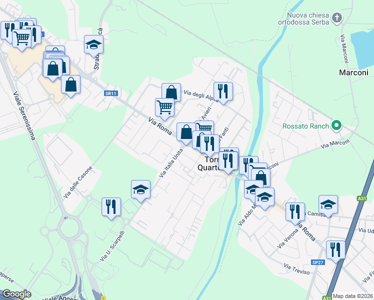 map of restaurants, bars, coffee shops, grocery stores, and more near in Torri di Quartesolo