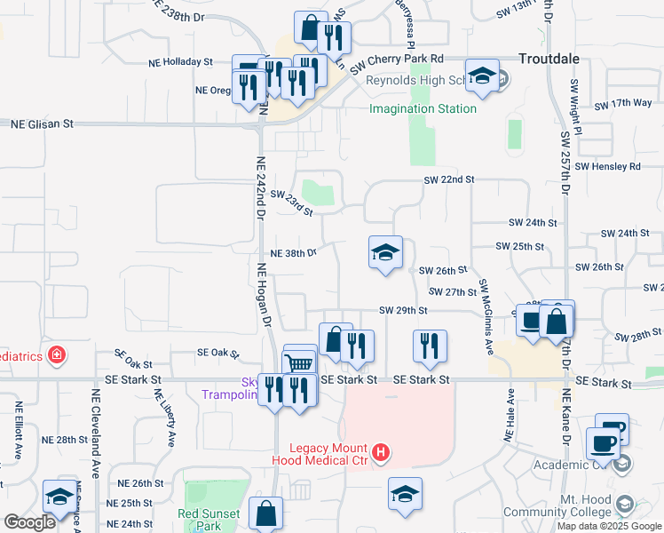 map of restaurants, bars, coffee shops, grocery stores, and more near 2185 Northeast 38th Drive in Gresham