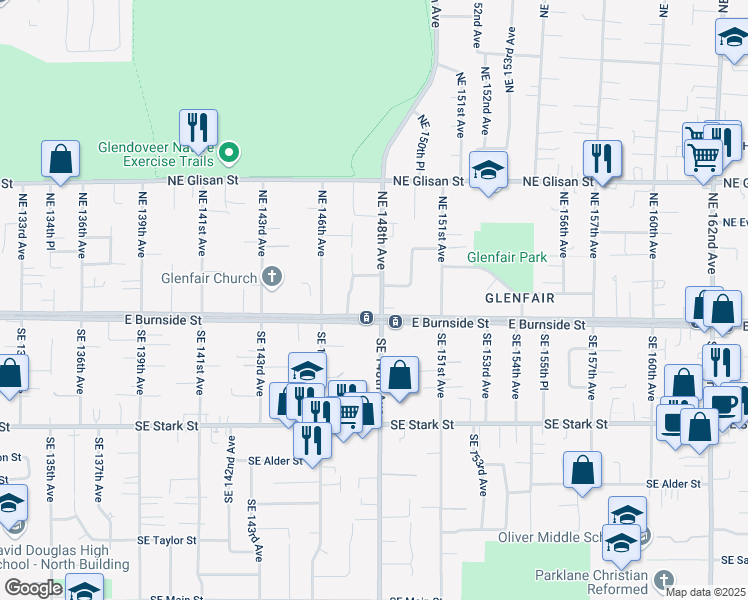 map of restaurants, bars, coffee shops, grocery stores, and more near 109 Northeast 148th Avenue in Portland